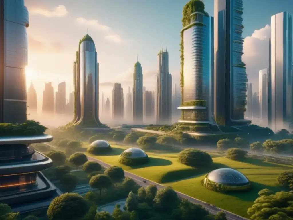 Metrópolis futurista: fusión de naturaleza y tecnología en 8k Vista futurista de la ciudad al atardecer: rascacielos, naturaleza y tecnología