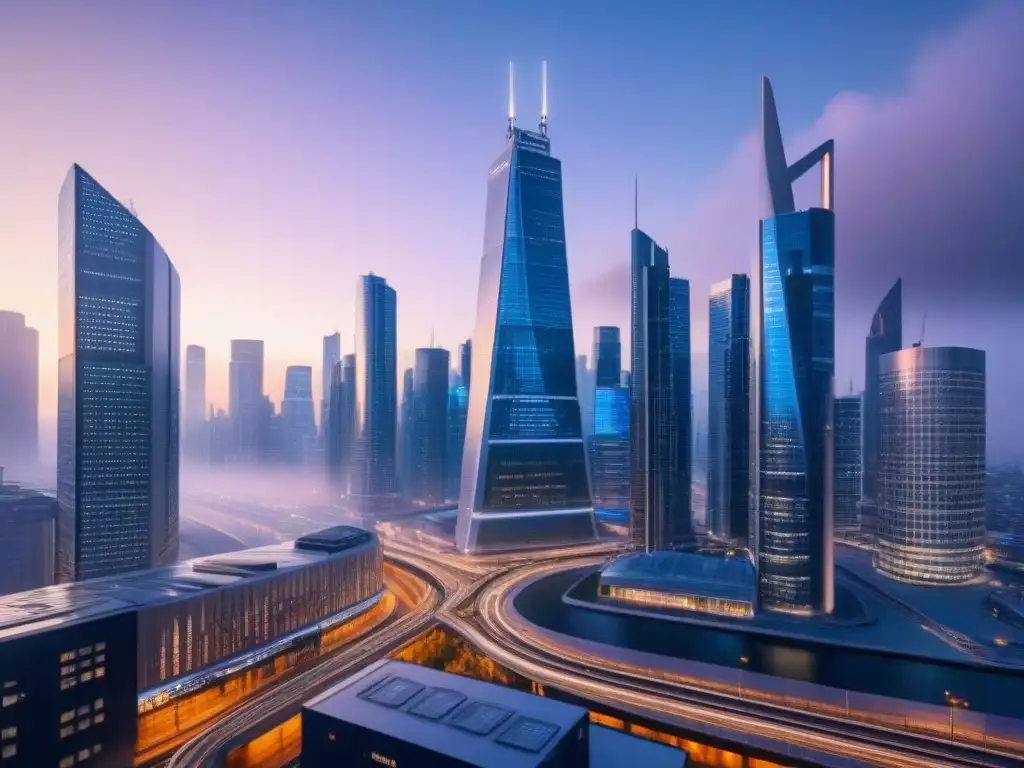 Metrópolis futurista con valoraciones inmobiliarias en tiempo real Vista futurista de la ciudad al atardecer con rascacielos iluminados y redes de transporte avanzadas