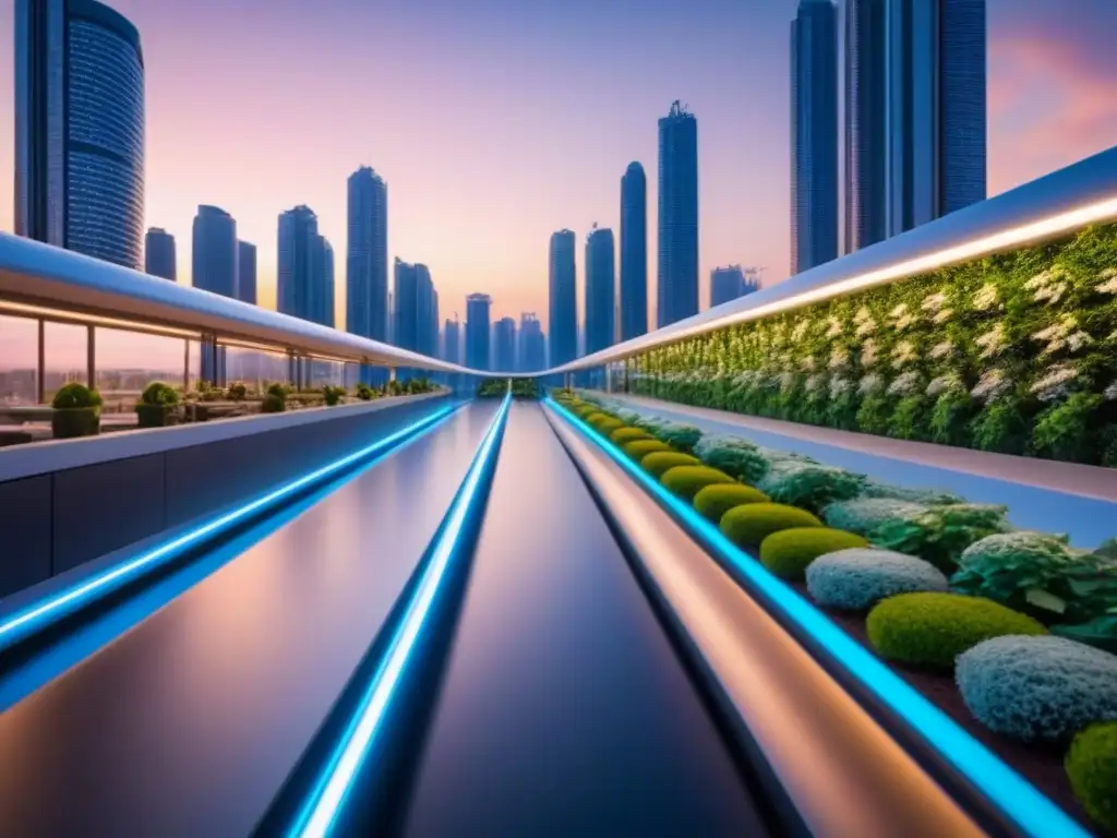 Metrópolis futurista: tecnología y sostenibilidad en armonía Vista futurista de una ciudad al atardecer con vehículos eléctricos, edificios verdes y tecnología avanzada