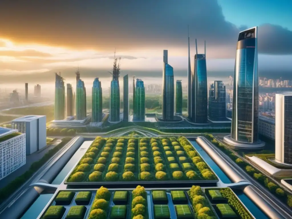 Metrópolis futurista sostenible: arquitectura verde en armonía urbana Vista futurista de ciudad sostenible, conservación edificios cambio climático, tecnologías verdes destacadas