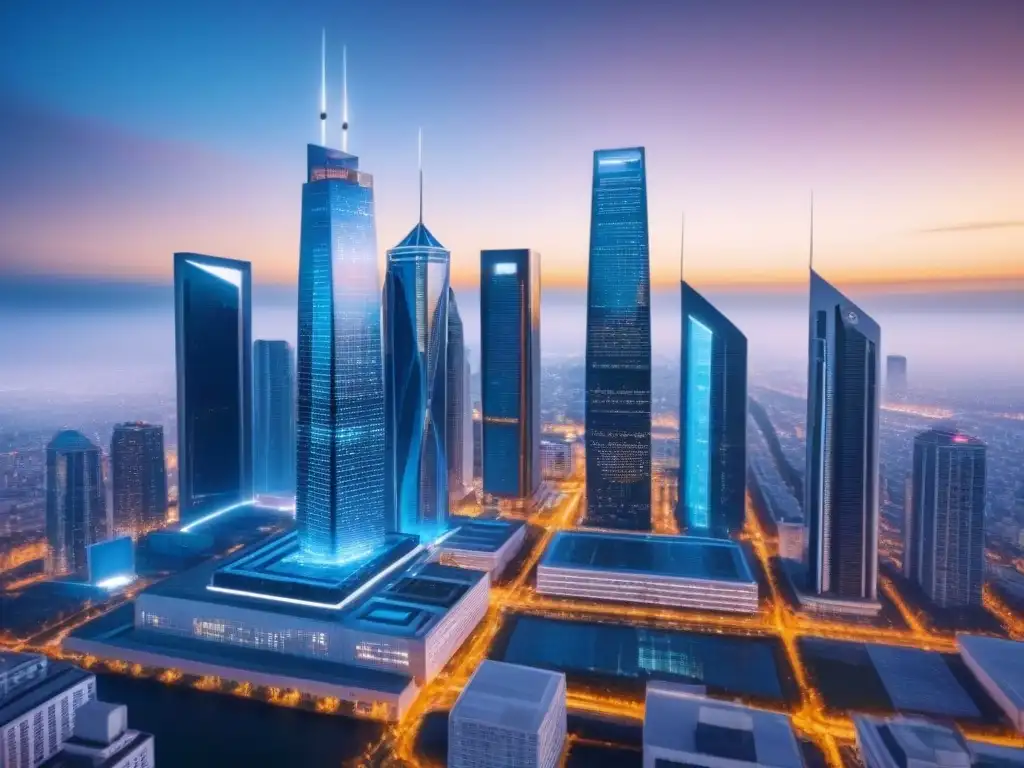 Blockchain inmobiliario: ciudad futurista conectada digitalmente Vista futurista de una ciudad conectada digitalmente, destacando transacciones blockchain transparentes y seguras en el mercado inmobiliario