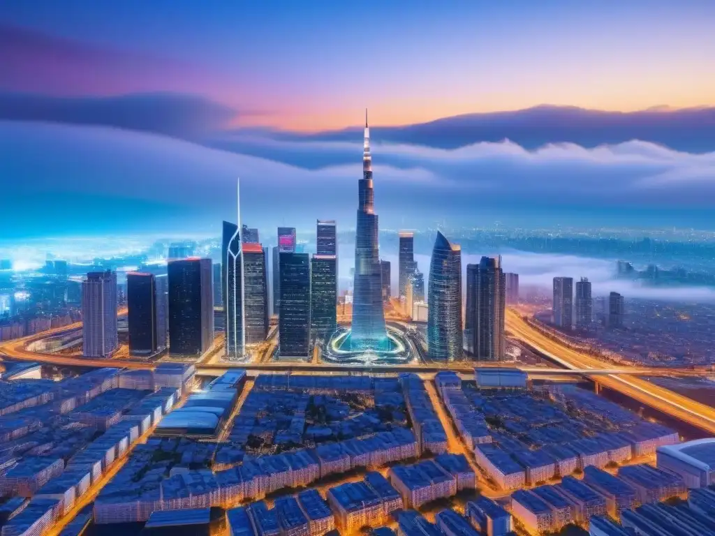 Cityscape futurista: SEO avanzado en real estate Vista futurista de la ciudad con datos inmobiliarios y tecnología avanzada, simbolizando SEO para bienes raíces avanzado