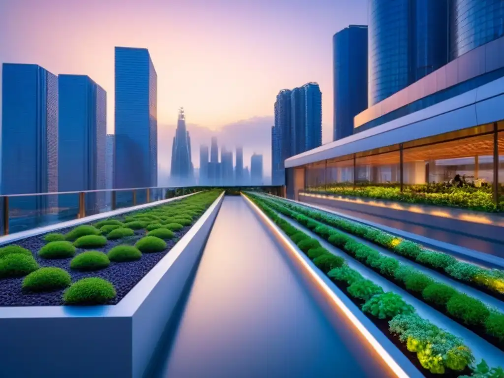 Metrópolis futurista eco-sostenible al atardecer Vista futurista de una ciudad al anochecer con diseño urbano sostenible y potencial crecimiento desarrollo urbano sostenible