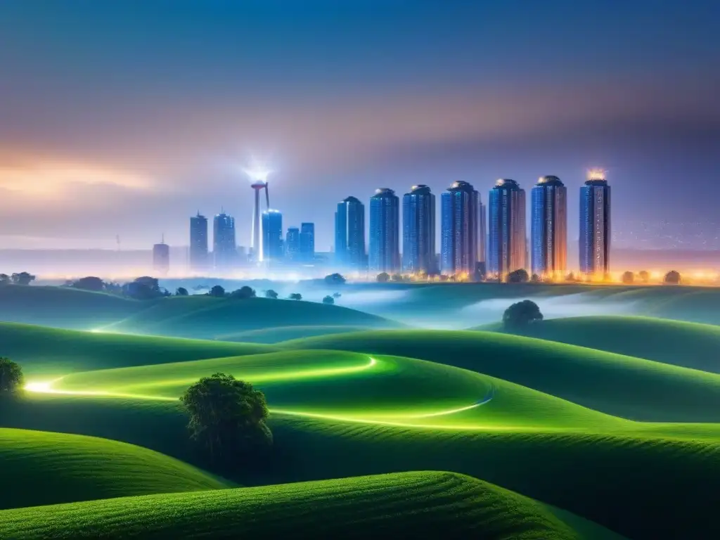 Cityscape futurista: arquitectura sostenible en 8k Vista futurista de una ciudad con edificios energéticamente eficientes y espacios verdes