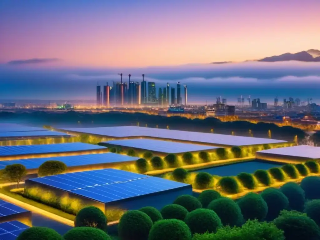 Metrópolis futurista sostenible al anochecer Vista futurista de la ciudad al anochecer con edificios sostenibles y certificaciones ambientales en desarrollos inmobiliarios