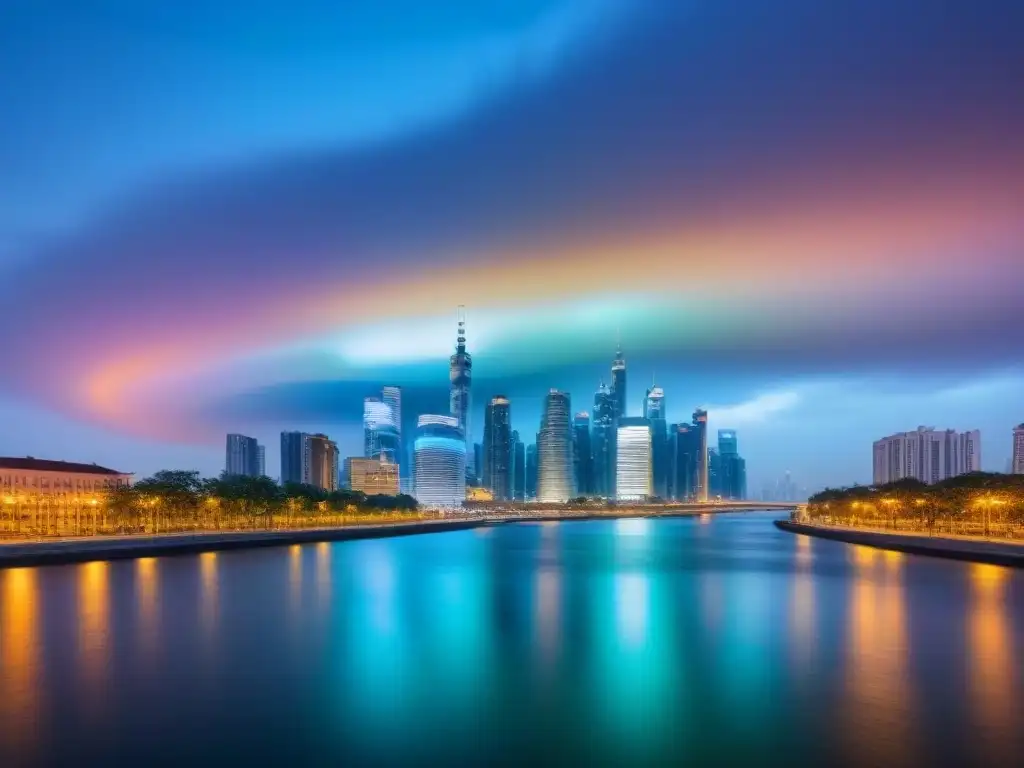 Ciudad futurista: arquitectura moderna iluminada Vista futurista de la ciudad al anochecer con edificios iluminados y arquitectura moderna, reflejados en un río sereno