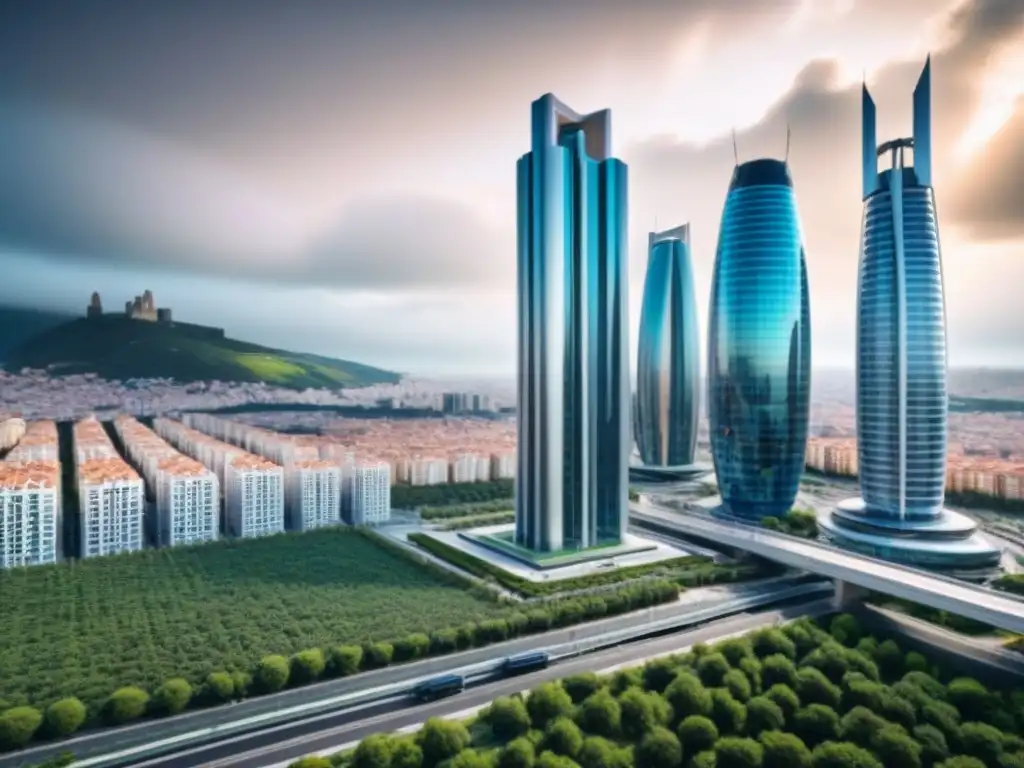 Visiones futuristas: Ciudad española de vanguardia Vista futurista de la ciudad española, fusionando elementos tradicionales con tecnología avanzada