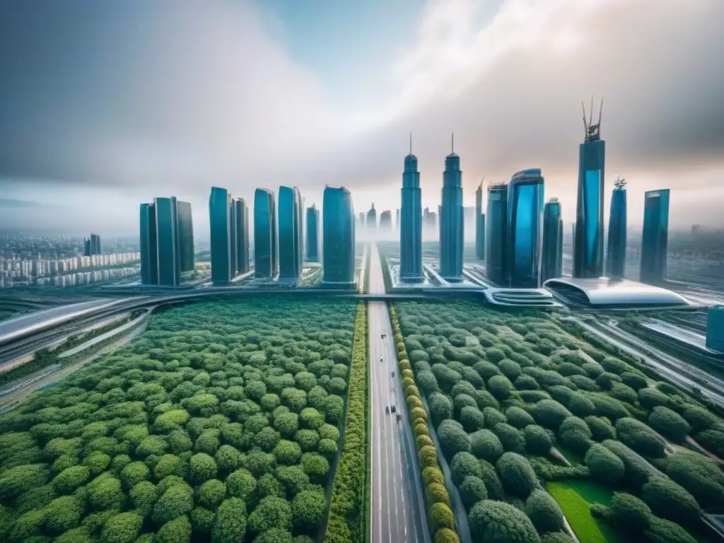 Metrópolis futurista: innovación y eficiencia con IA en bienes raíces Vista futurista de ciudad con IA en hipotecas: edificios modernos, vegetación y tecnología avanzada