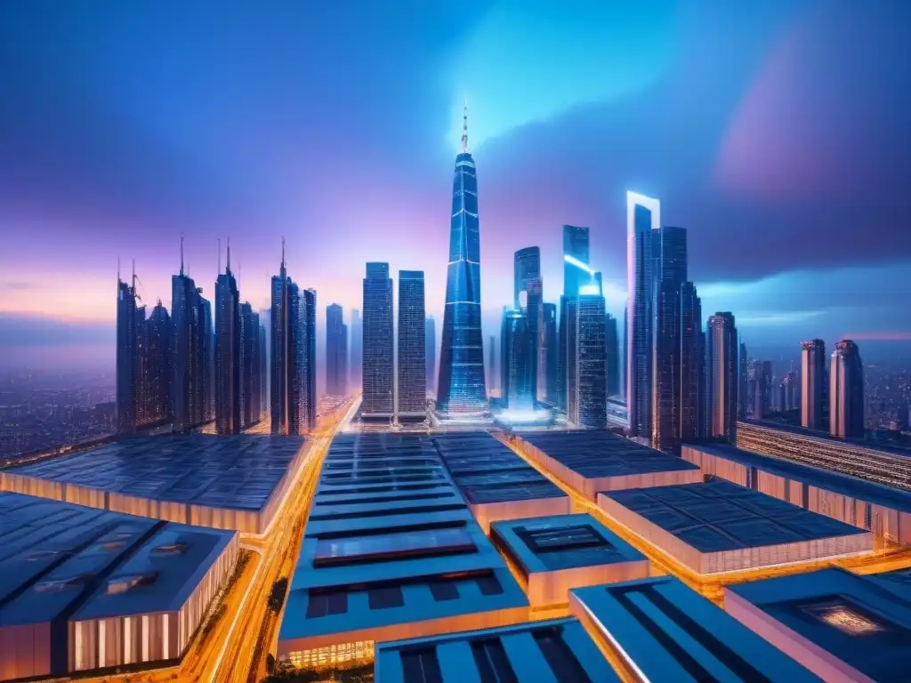 Metrópolis futurista: hologramas y luces de neón al anochecer Vista futurista de una ciudad con hologramas y luces neón, drones y vehículos autónomos