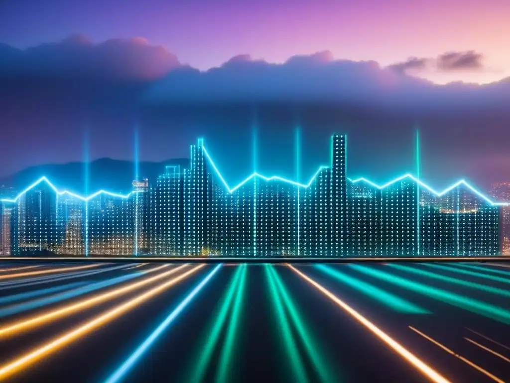 Maximiza tu puntuación crediticia en la ciudad del futuro Vista futurista de la ciudad con hologramas financieros, mostrando cómo mejorar capacidad crédito hipoteca