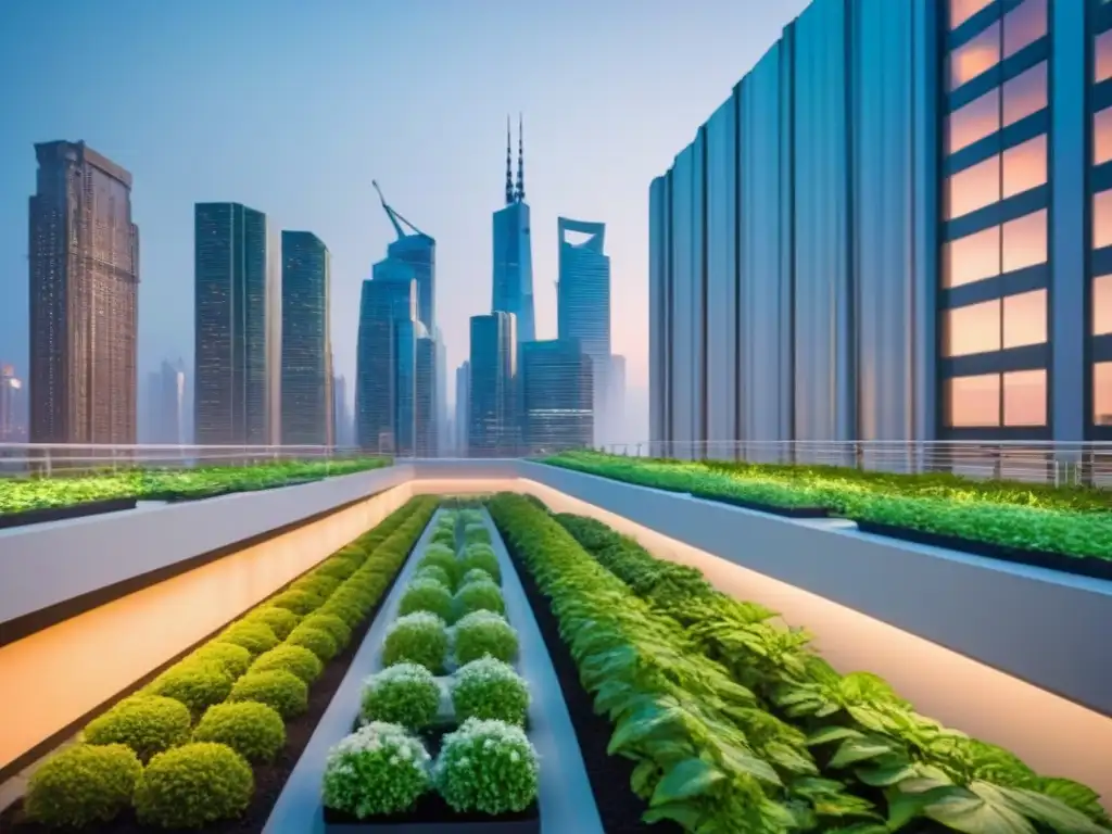 Metrópolis futurista: luces verdes y jardines verticales Vista futurista de una ciudad al anochecer con infraestructura verde y luces brillantes