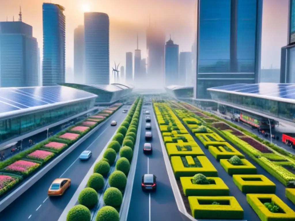 Metrópolis futurista sostenible: arquitectura verde y movilidad eco Vista futurista de una ciudad integrada con edificios sostenibles y espacios verdes, promoviendo la planificación urbana salud pública integrada