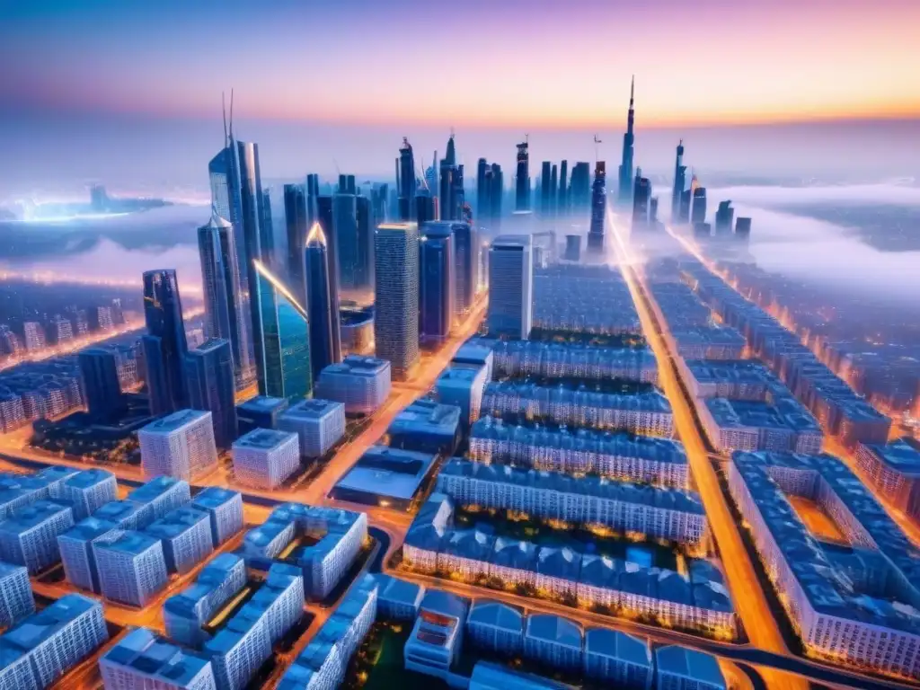 Futurismo urbano: ciudad inteligente con IA Vista futurista de una ciudad integrada con tecnología avanzada de IA en el mercado inmobiliario