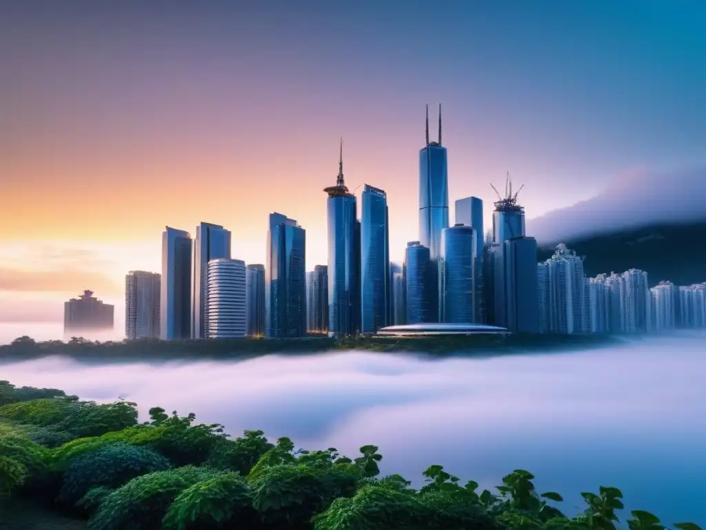 Metrópolis futurista: IA optimiza eficiencia energética y flujo de tráfico Vista futurista de la ciudad con inteligencia artificial en el mercado inmobiliario