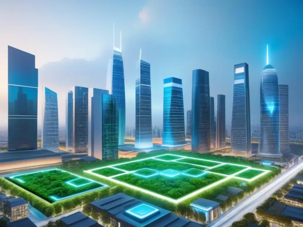 Skyline futurista: Integración AI en inversión inmobiliaria Vista futurista de la ciudad con inteligencia artificial en inversiones inmobiliarias