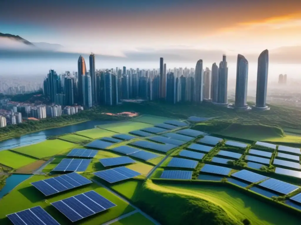 Horizonte futurista de ciudad inteligente en Sudamérica Vista futurista de una ciudad inteligente en Sudamérica, fusionando tecnología y arquitectura sostenible