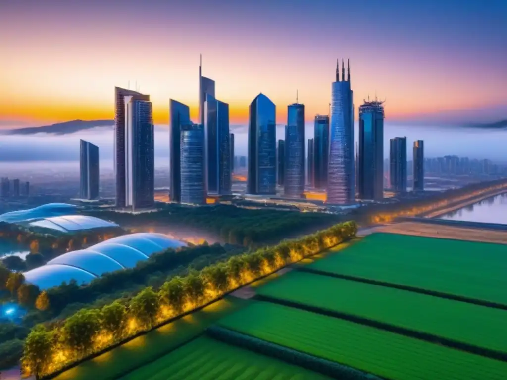 Metrópolis futurista: Edificios inteligentes y AI en armonía verde Vista futurista de una ciudad inteligente con IA en inversiones inmobiliarias