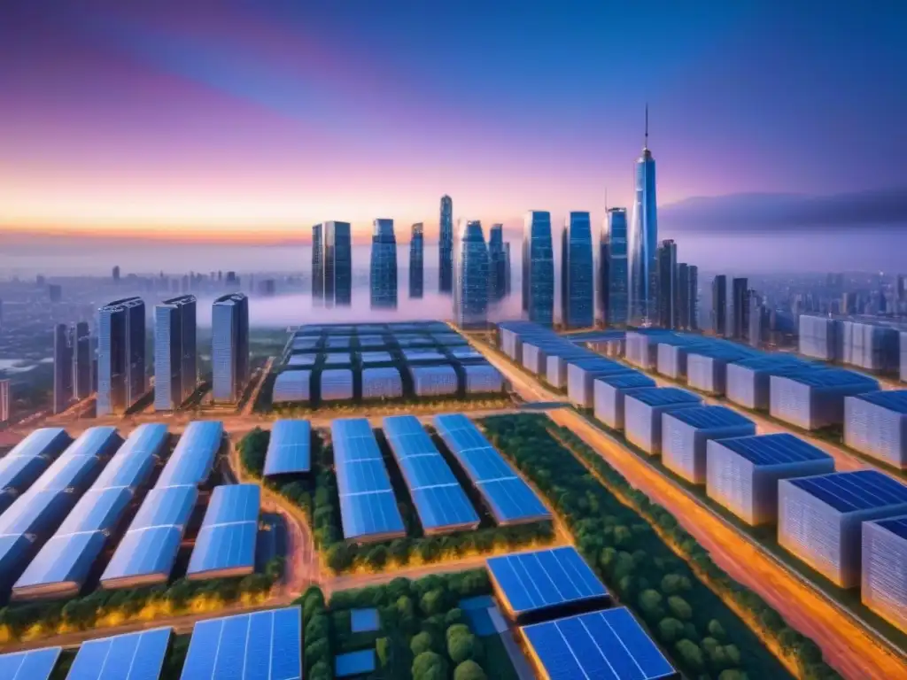 Metrópolis futurista: skyline inteligente en 8k Vista futurista de una ciudad inteligente con tecnología avanzada y espacios verdes