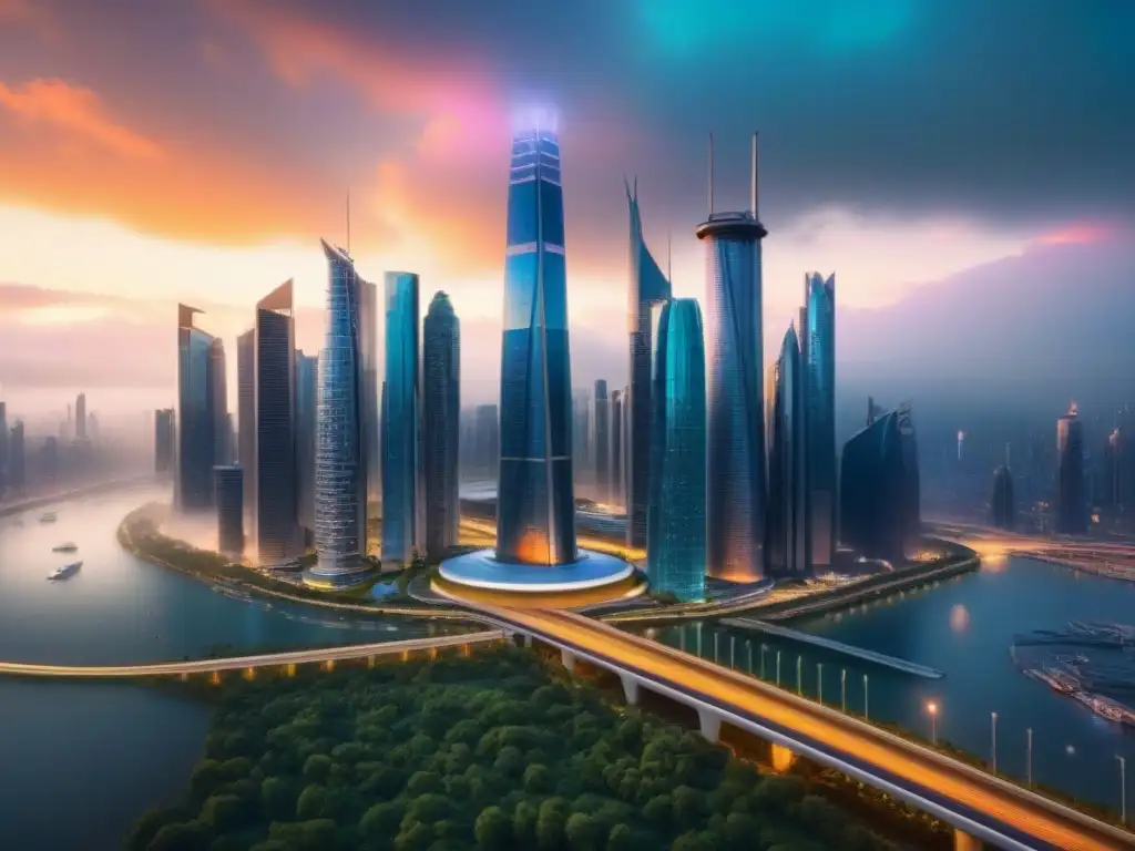 Cityscape futurista: innovación y resiliencia urbana Vista futurista de ciudad moderna, con rascacielos y espacios verdes, representando innovación ante la crisis económica en el mercado inmobiliario