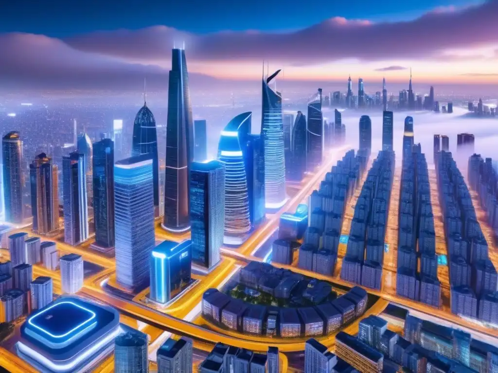 Metrópolis futurista: innovación inmobiliaria en 8k Una vista futurista de la ciudad de noche con rascacielos iluminados y vehículos voladores