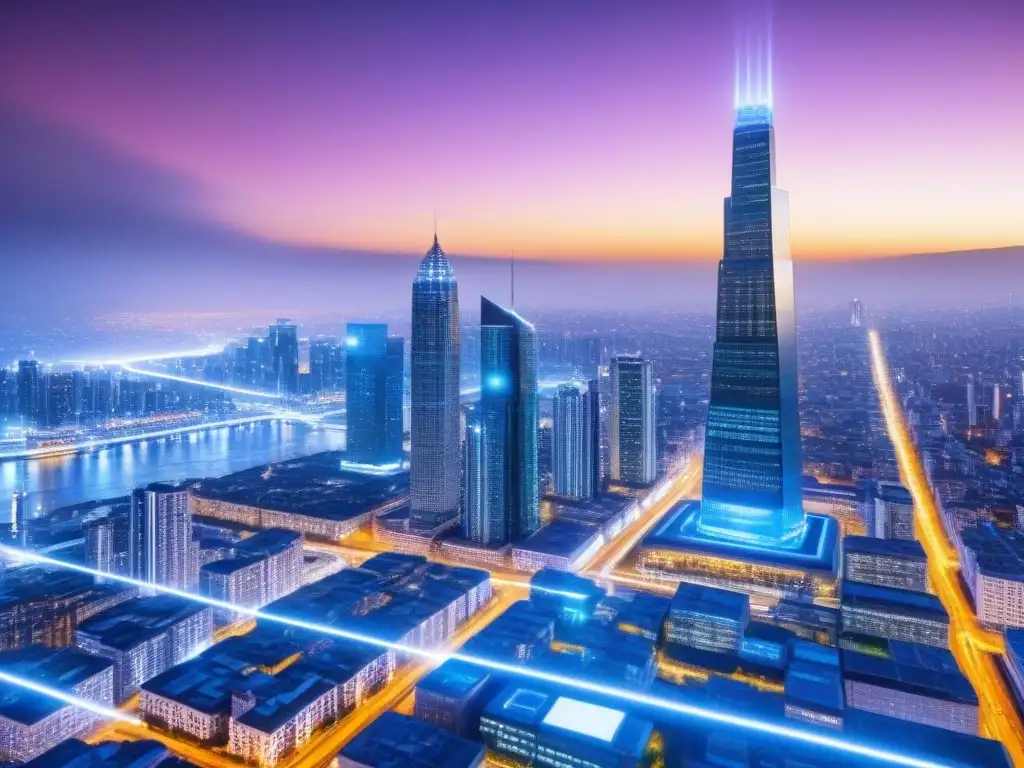 Cityscape futurista: blockchain y AI revolucionan bienes raíces Vista futurista de ciudad con nodos de blockchain y AI integrados en edificios inteligentes, demostrando eficiencia en Bienes Raíces