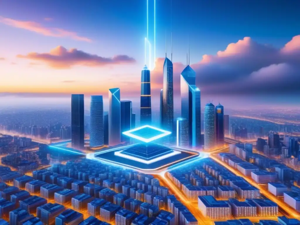 Cityscape futurista con blockchain y AI en el sector inmobiliario Vista futurista de ciudad con nodos de blockchain e IA en Bienes Raíces
