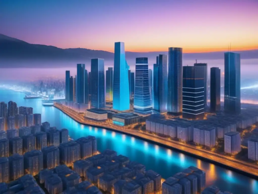 Horizonte futurista: predicciones financieras en bienes raíces Vista futurista de la ciudad al anochecer con proyecciones de datos financieros, integrando modelos predictivos en inversiones inmobiliarias