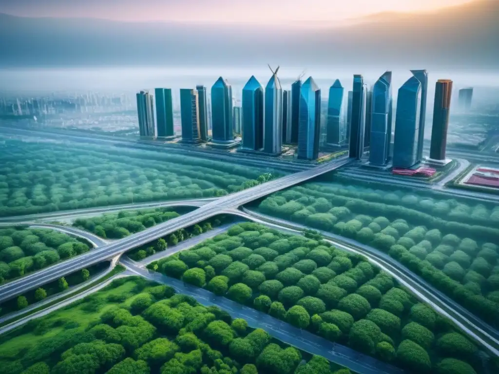 Metrópolis futurista: inversión inmobiliaria y desarrollo urbano Vista futurista de una ciudad con rascacielos, edificios residenciales y centros comerciales