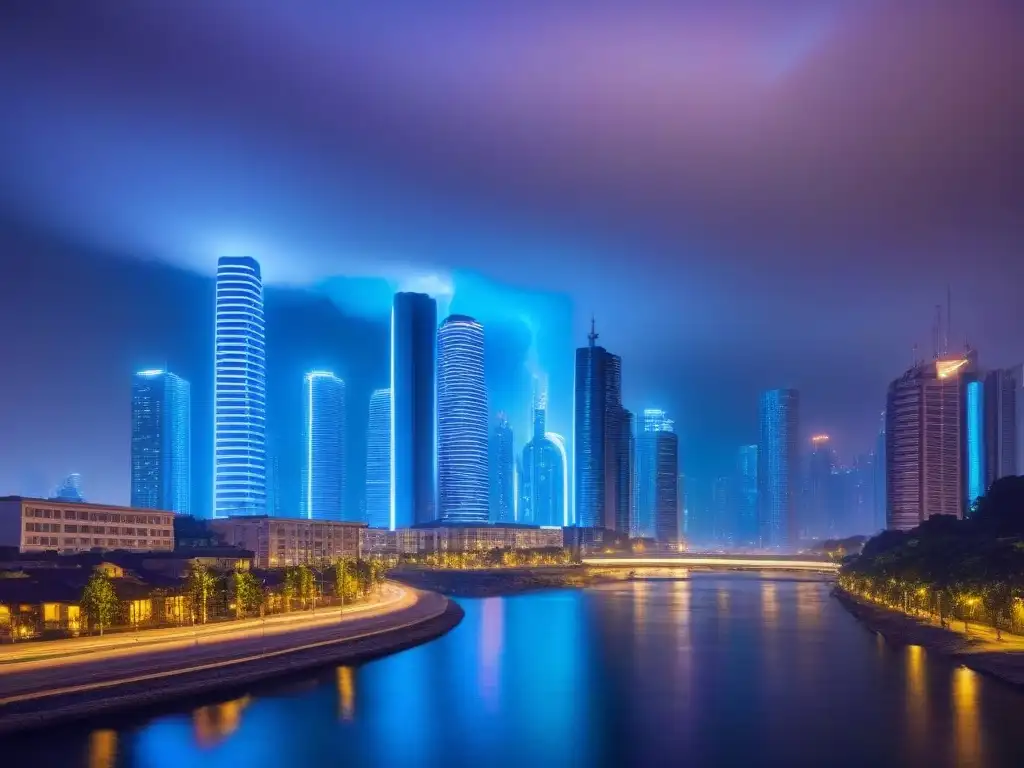 Metrópolis futurista: luces neón y arquitectura sostenible Vista futurista de la ciudad al anochecer con rascacielos iluminados por luces neón, reflejándose en un río tranquilo