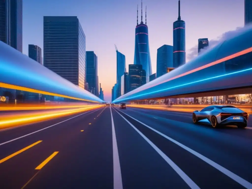 Horizonte futurista: metrópolis innovadora al anochecer Vista futurista de la ciudad al anochecer, con rascacielos iluminados y vehículos autónomos