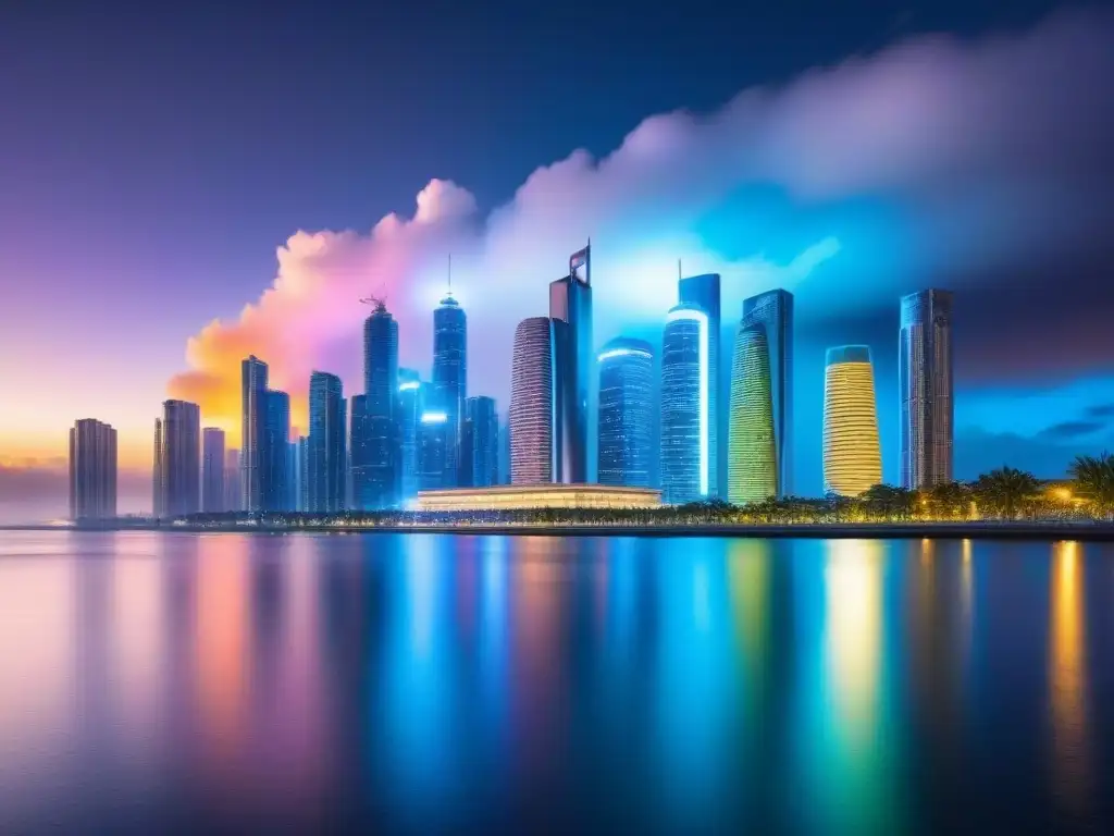 Horizonte futurista: ciudad innovadora y próspera al anochecer Vista futurista de la ciudad al anochecer, con rascacielos iluminados reflejados en el agua