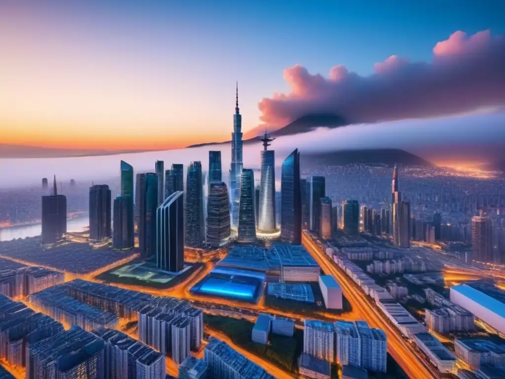 Metrópolis futurista: arquitectura innovadora y tecnología avanzada en 8k Vista futurista de una ciudad con rascacielos modernos y tecnología avanzada, integrando modelos predictivos en inversiones inmobiliarias