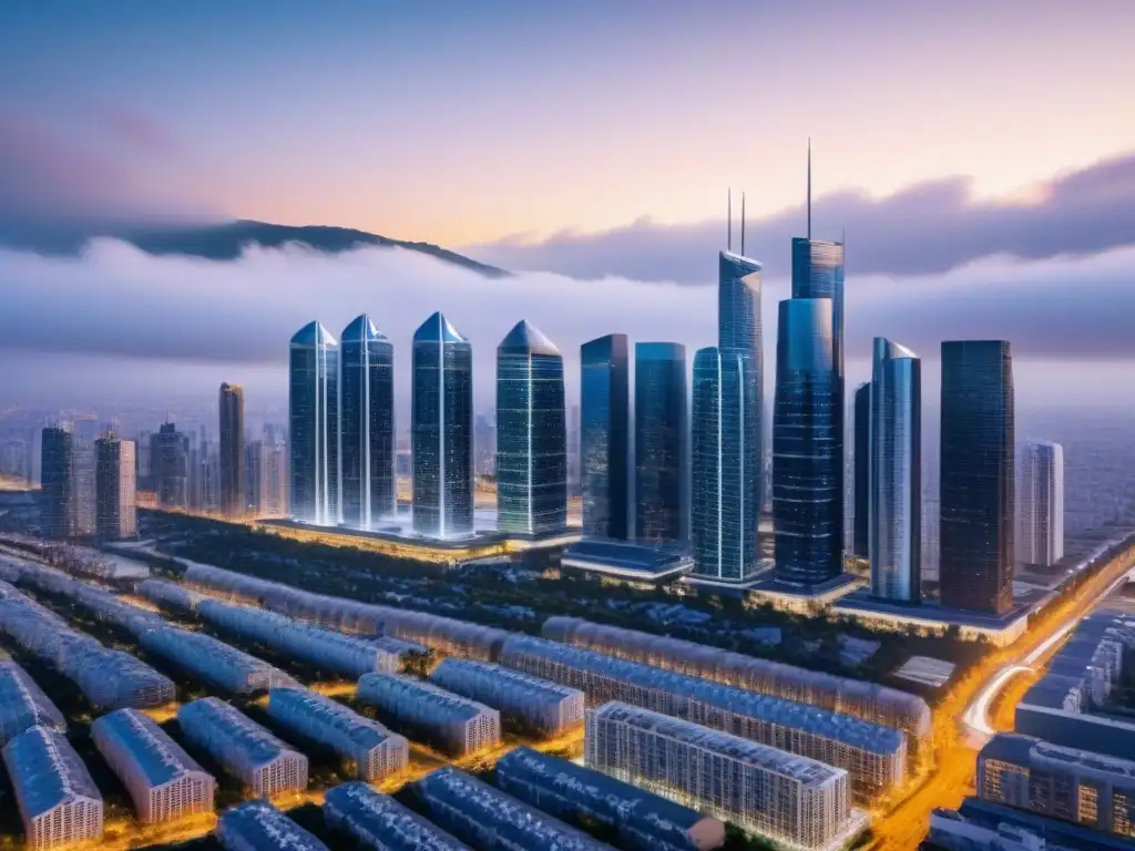 Horizonte urbano futurista: inversión inmobiliaria avanzada Vista futurista de la ciudad con rascacielos, reflejando modelos predictivos inversiones inmobiliarias