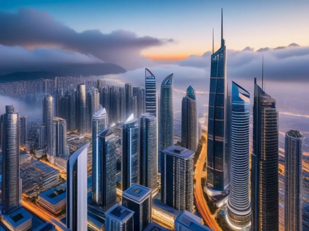 Metrópolis futurista: Inversiones inmobiliarias innovadoras Vista futurista de una ciudad con rascacielos modernos y tecnología avanzada