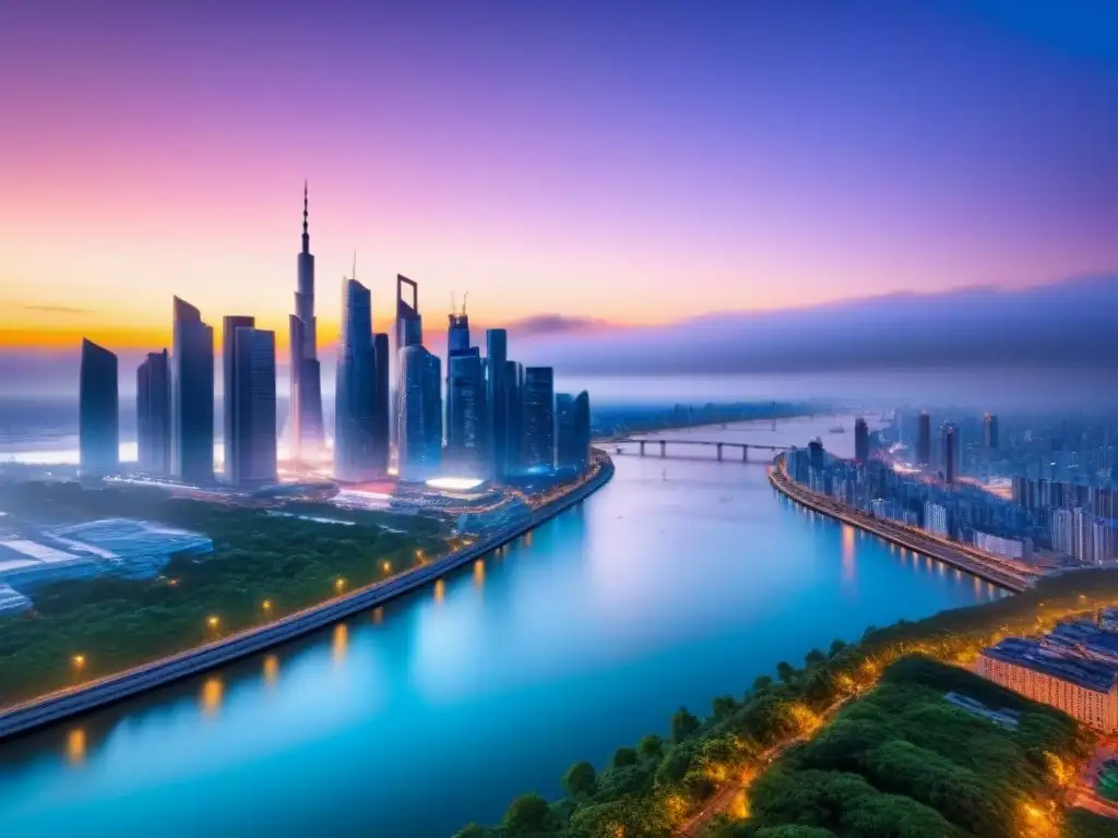 Skyline futurista: luces vibrantes en ciudad innovadora Vista futurista de ciudad al anochecer con rascacielos iluminados y río sereno