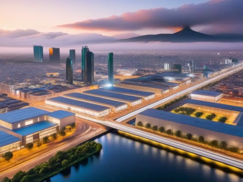 Metrópolis futurista de México: arquitectura moderna y sostenible Vista futurista de la Ciudad de México con rascacielos modernos y sistemas de transporte avanzados, reflejando el potencial del mercado inmobiliario en México con políticas económicas progresistas