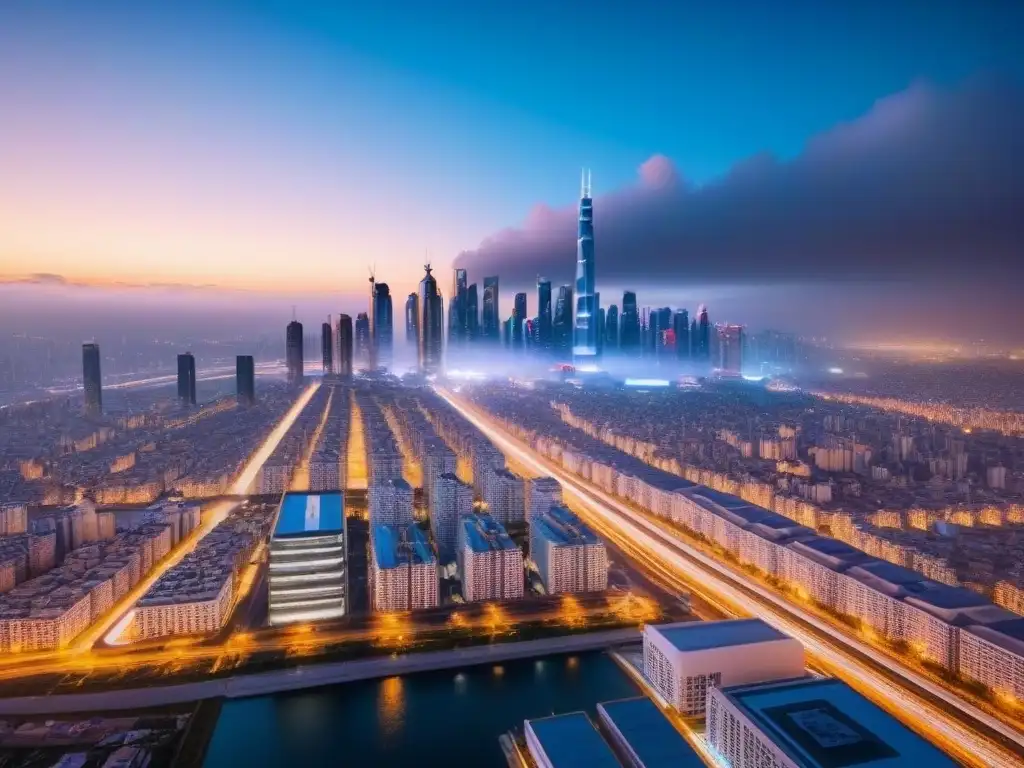 Metrópolis futurista al atardecer: modernidad y sofisticación urbana Vista futurista de la ciudad al anochecer con rascacielos iluminados, reflejando las tendencias diversificación mercado inmobiliario