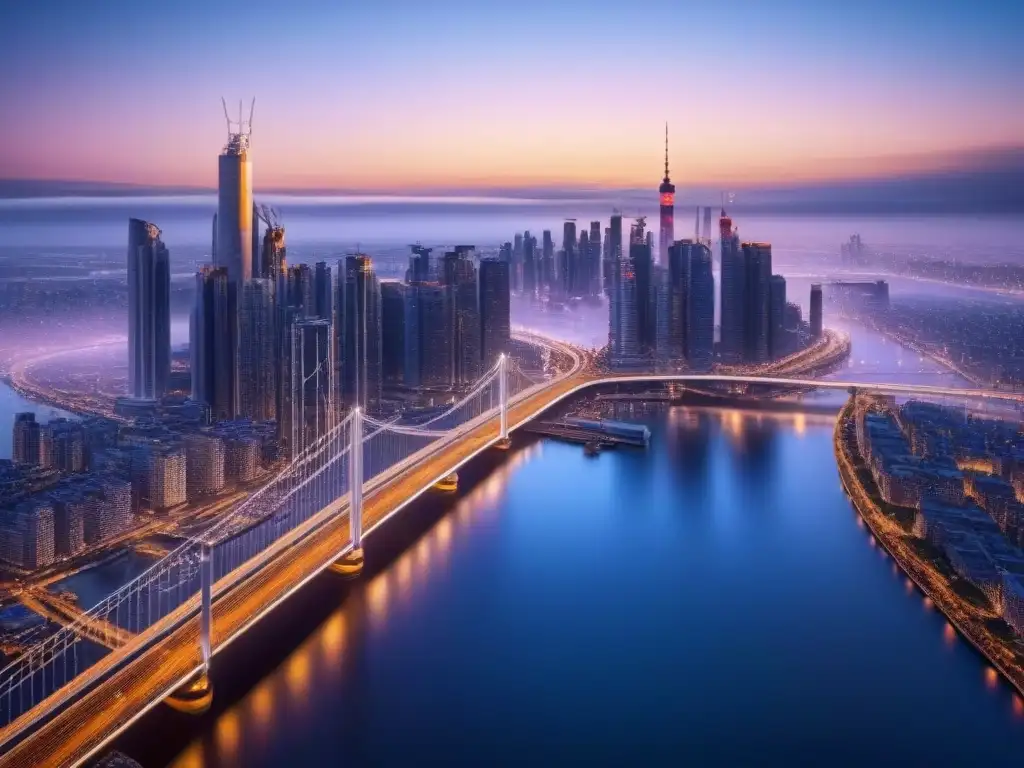 Metrópolis futurista al atardecer: innovación y progreso Vista futurista de la ciudad al anochecer, con rascacielos y vehículos voladores, reflejando las últimas luces del sol