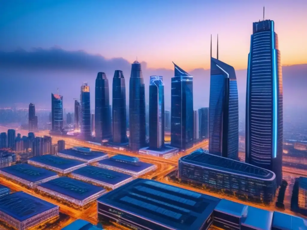 Vista futurista de una ciudad al anochecer con rascacielos iluminados y tecnología avanzada