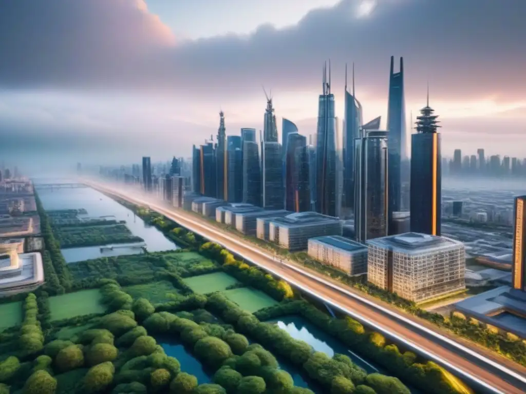 Metrópolis futurista: skyline avanzado y verde en 8k Vista futurista de una ciudad con rascacielos y vehículos voladores, reflejando innovación en inversiones inmobiliarias en productos derivados