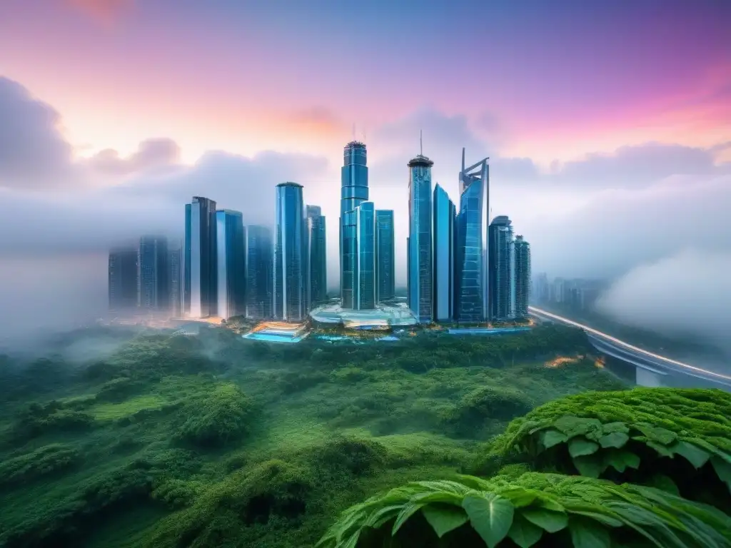 Metrópolis futurista: torres gigantes entre vegetación exuberante Vista futurista de la ciudad con rascacielos y vegetación, mostrando tecnología avanzada y diseño urbano sostenible