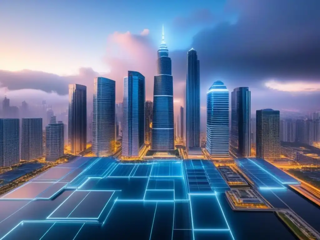Metrópolis futurista: pronósticos inmobiliarios integrados Vista futurista de la ciudad con rascacielos y datos brillantes integrados, simbolizando modelos predictivos mercado inmobiliario