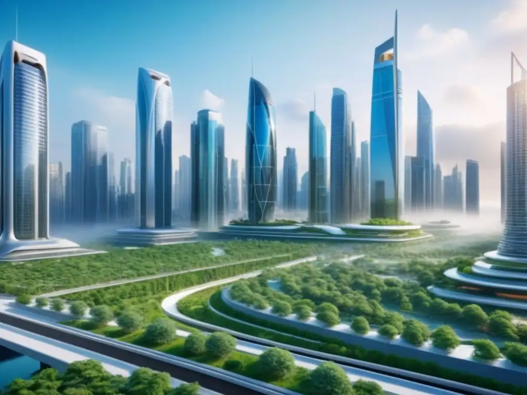 Metrópolis futurista: innovación y colaboración en inversión inmobiliaria Vista futurista de la ciudad con rascacielos modernos y naturaleza exuberante, reflejando modelos predictivos inversión inmobiliaria
