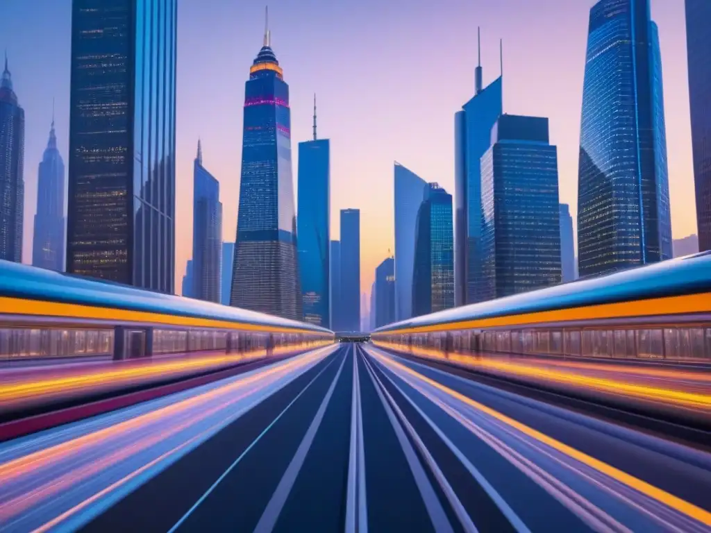 Innovación urbana: predicciones en inversión inmobiliaria Vista futurista de ciudad al anochecer con rascacielos, transporte avanzado y datos financieros