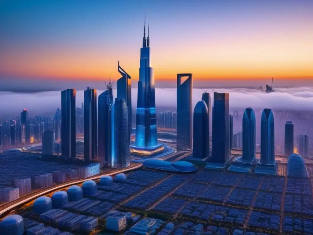 Skyline futurista: arquitectura innovadora y sostenible en 8k Vista futurista de una ciudad con rascacielos, tecnología y sostenibilidad en el mercado inmobiliario