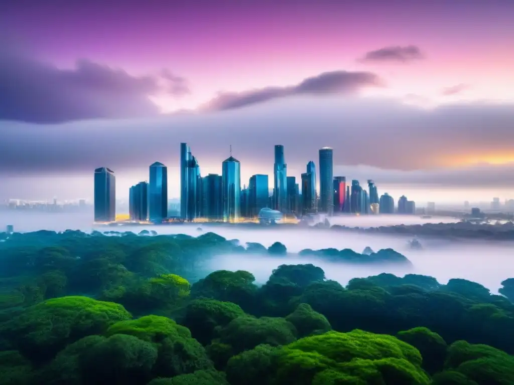 Tranquilidad financiera: seguro hipotecario en ciudad futurista Vista futurista de una ciudad con rascacielos y parque, simbolizando la importancia de los seguros hipotecarios en la inversión financiera