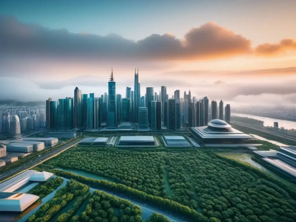 Cityscape futurista en 8k: innovación urbana y financiera Vista futurista de la ciudad con rascacielos y transporte avanzado, influenciada por política monetaria y financiamiento inmobiliario