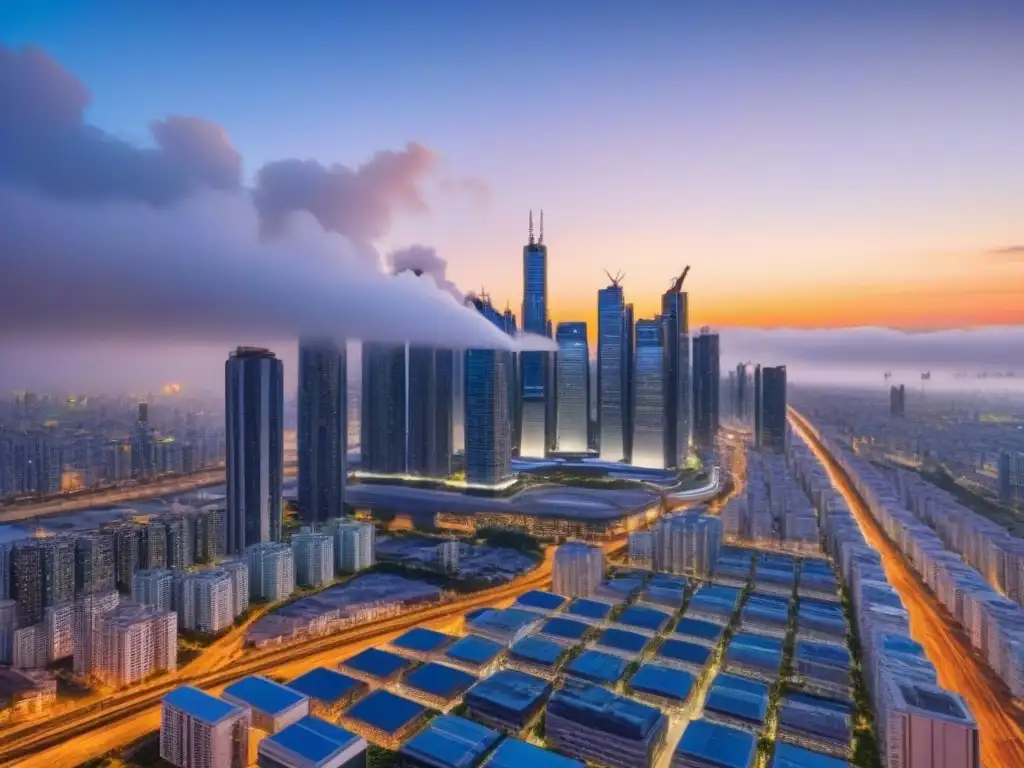 Metrópolis futurista: innovación en financiamiento inmobiliario Vista futurista de la ciudad al anochecer, con rascacielos brillantes y sistemas de transporte avanzados integrados
