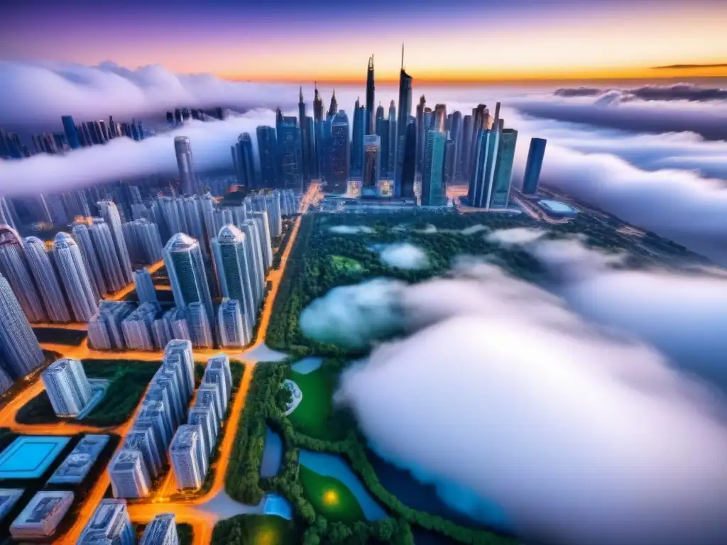 Metrópolis futurista: real estate crowdfunding Vista futurista de la ciudad con rascacielos avanzados y vehículos voladores, tendencias crowdfunding inmobiliario futuro