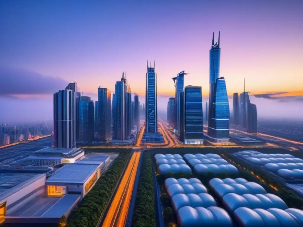 Metrópolis futurista: progreso y tecnología en la ciudad del mañana Vista futurista de la ciudad al anochecer con rascacielos brillantes y sistemas de transporte avanzados, reflejando innovación y progreso urbano